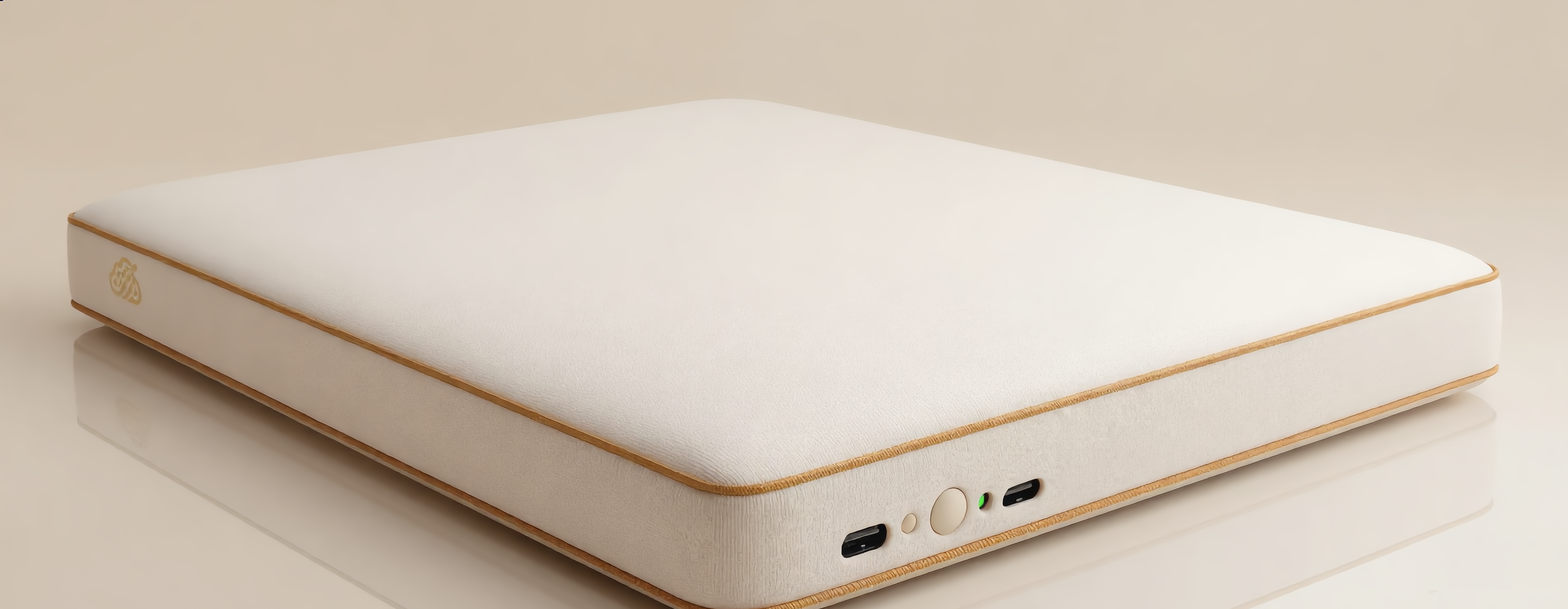Mat form factor, with the sealed ports, status LED, and physical button visible along the edge.